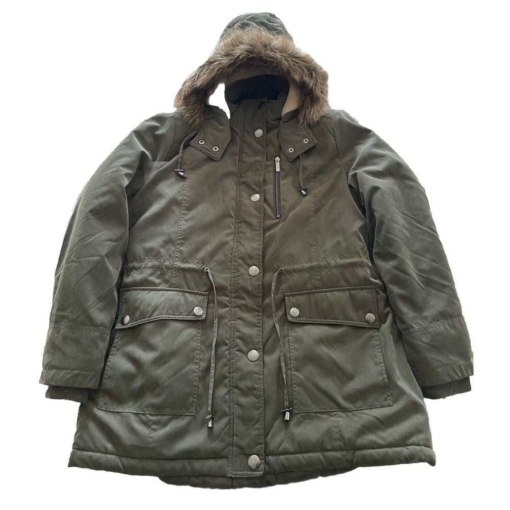 Larry Levine Parka Jacket Fur Trim Hood Women's L‎ Olive Green Quilt Lined